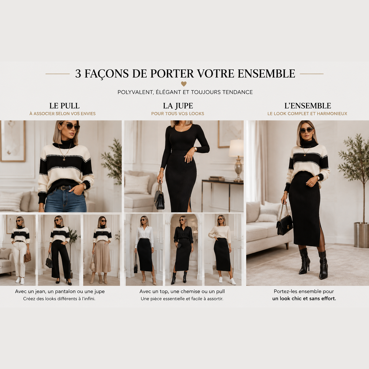 Ensemble Tricot Éléganza – Col Montant & Jupe Côtelée (2 Pièces)