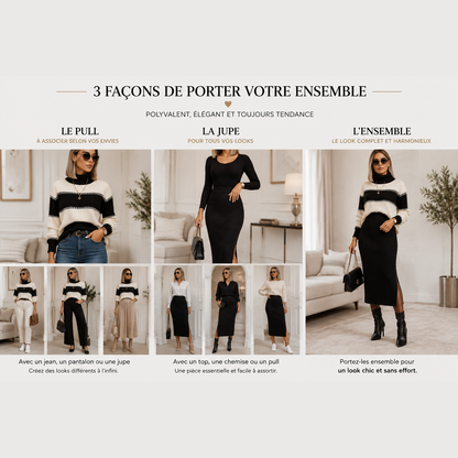 Ensemble Tricot Éléganza – Col Montant & Jupe Côtelée (2 Pièces)