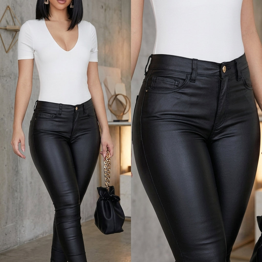 Pantalon Femme Effet Cuir Taille Haute — Élégance & Style
