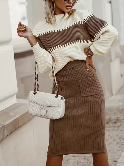 Ensemble Tricot Éléganza – Col Montant & Jupe Côtelée (2 Pièces)