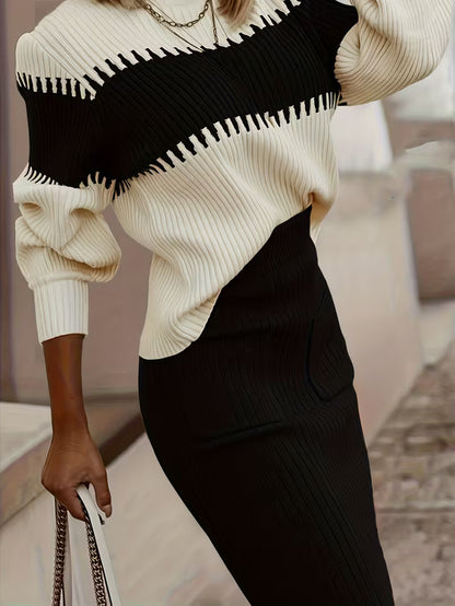 Ensemble Tricot Éléganza – Col Montant & Jupe Côtelée (2 Pièces)
