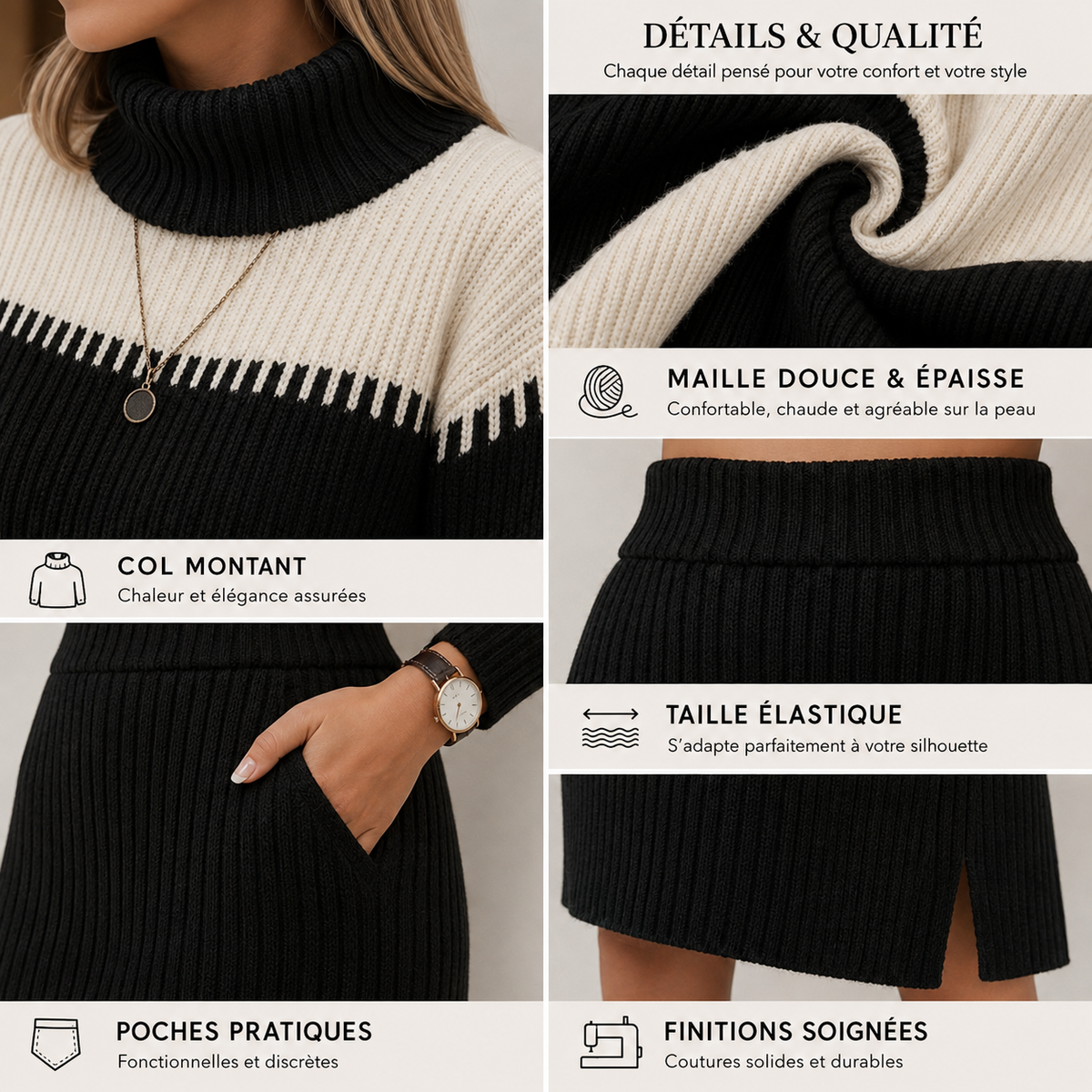 Ensemble Tricot Éléganza – Col Montant & Jupe Côtelée (2 Pièces)