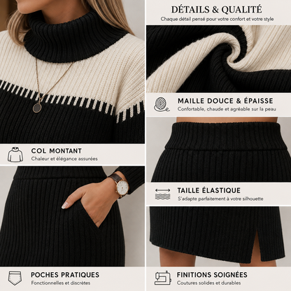 Ensemble Tricot Éléganza – Col Montant & Jupe Côtelée (2 Pièces)