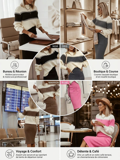 Ensemble Tricot Éléganza – Col Montant & Jupe Côtelée (2 Pièces)